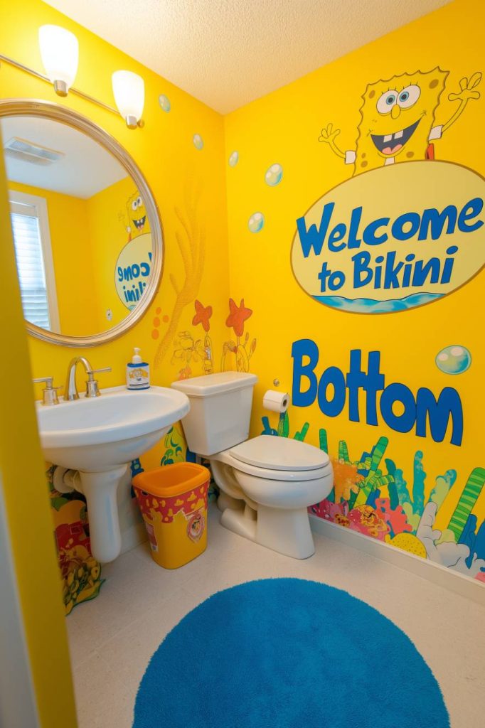 A colorful bathroom with SpongeBob decor and a "Welcome to Bikini Bottom" Mural.