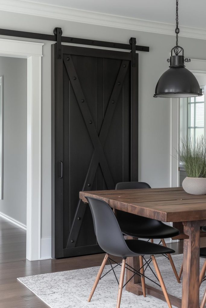 Dining area with a wooden table, black chairs, a metal pendant light and a black barn door. There is a potted plant on the table and a light carpet partially covers the wooden floor.