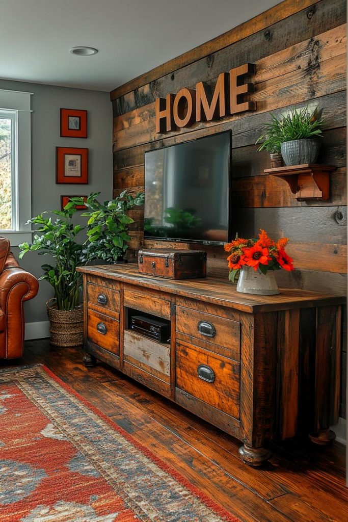 A cozy living room with a wooden TV stand, a flat screen TV, plants, etc "HOME" Sign on a wood paneled wall. In the foreground you can see a leather chair and a red floral carpet.