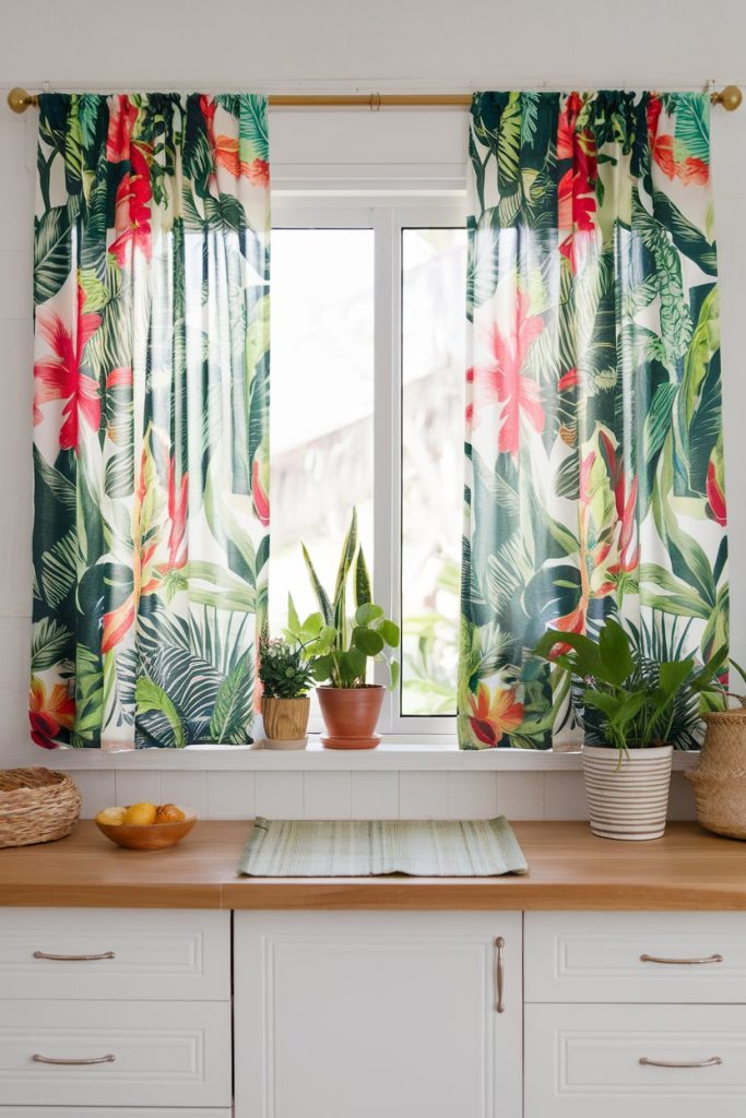 A kitchen window with tropical floral curtains, two potted plants on the windowsill, white cabinets, a light wood countertop and a fruit basket.