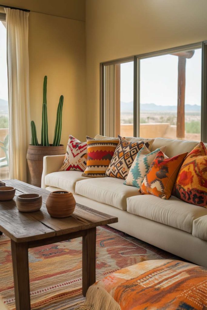 A cozy living room with a white sofa decorated with colorful geometric pattern pillows, a wooden coffee table and a tall cactus in the corner. Large windows provide a view of a desert landscape.