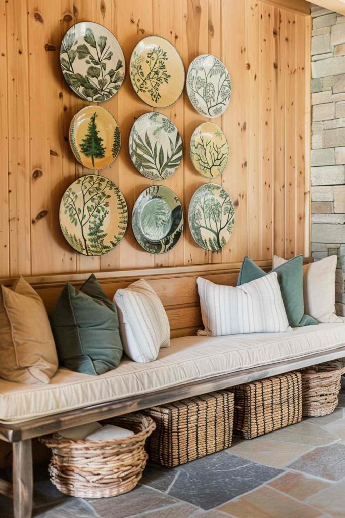 A wooden bench with cushions stands against a paneled wall decorated with nine plates with botanical motifs arranged in a grid pattern. Baskets are placed under the bench.