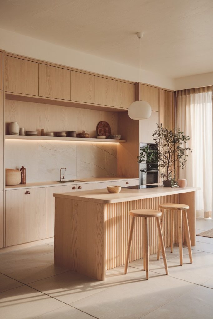 A modern kitchen with light wood cabinets and island, two stools, a built-in oven and a potted plant. A pendant light hangs above the island and sunlight shines through sheer curtains.