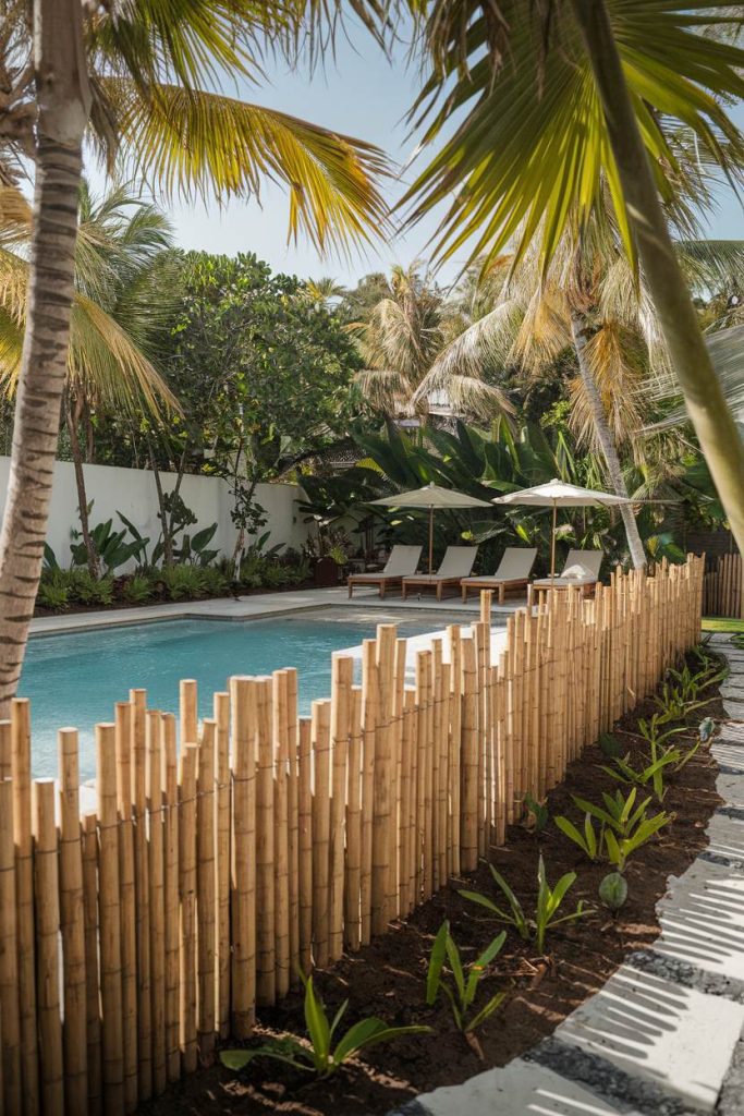 A tranquil pool area surrounded by lush tropical plants and bamboo fencing, with loungers and parasols nearby.