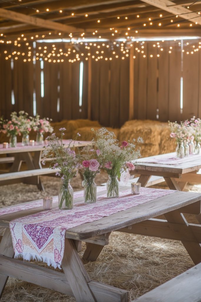 Rustic barn interior with wooden picnic tables, floral centerpieces, hay bales and fairy lights. The tables are decorated with pink table runners and small flower vases.