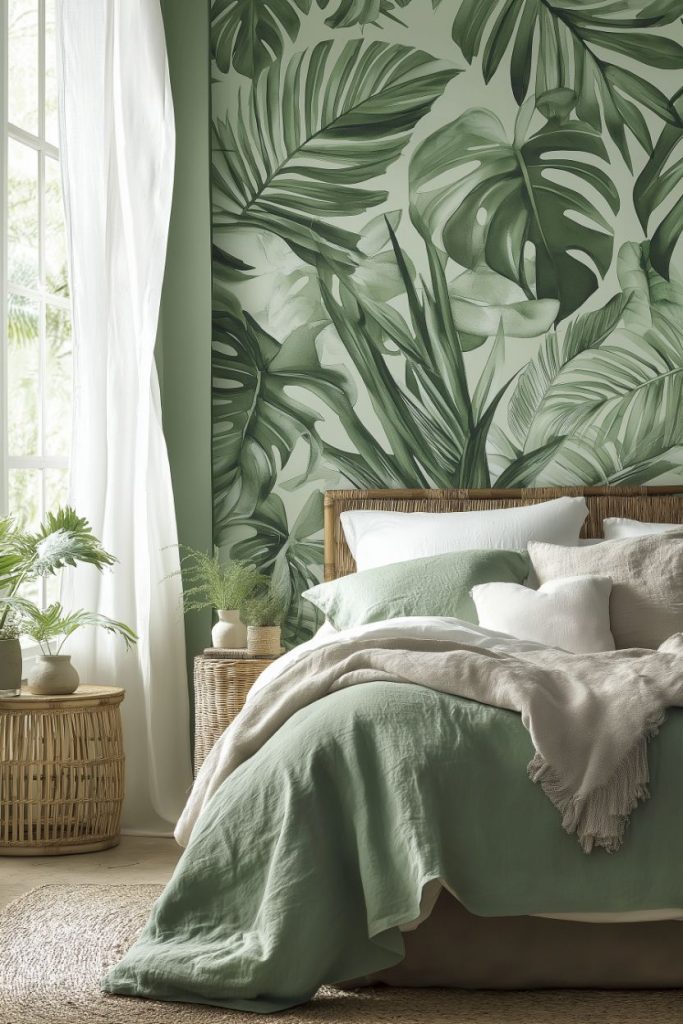 Bedroom with green leafy wallpaper, a bed with green and white linens, a wicker headboard and a side table with potted plants by a window with sheer white curtains.