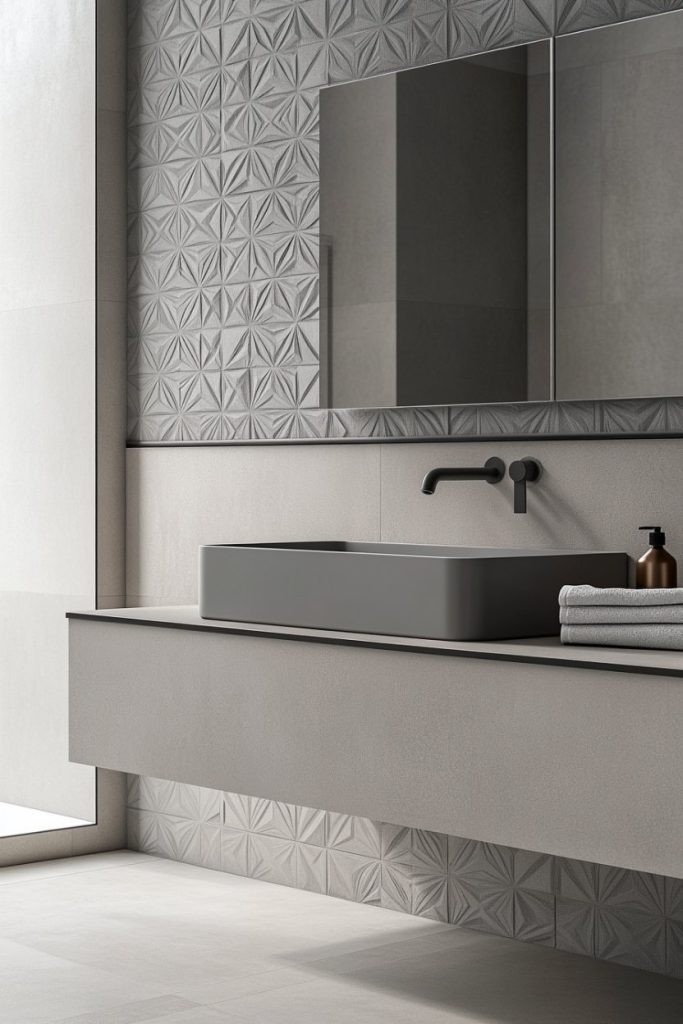 Modern bathroom with geometric tile wall, rectangular mirror, gray countertop with minimalist sink, black faucet and a small stack of towels next to a soap dispenser.