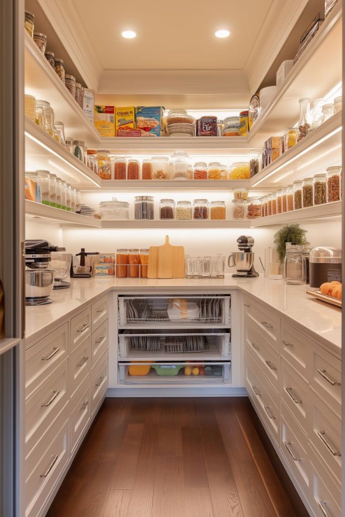 A well-organized pantry with white shelves provides space for jars, boxes, and kitchen appliances. Cutting boards and fruit are displayed on the countertop. Warm light emphasizes order.