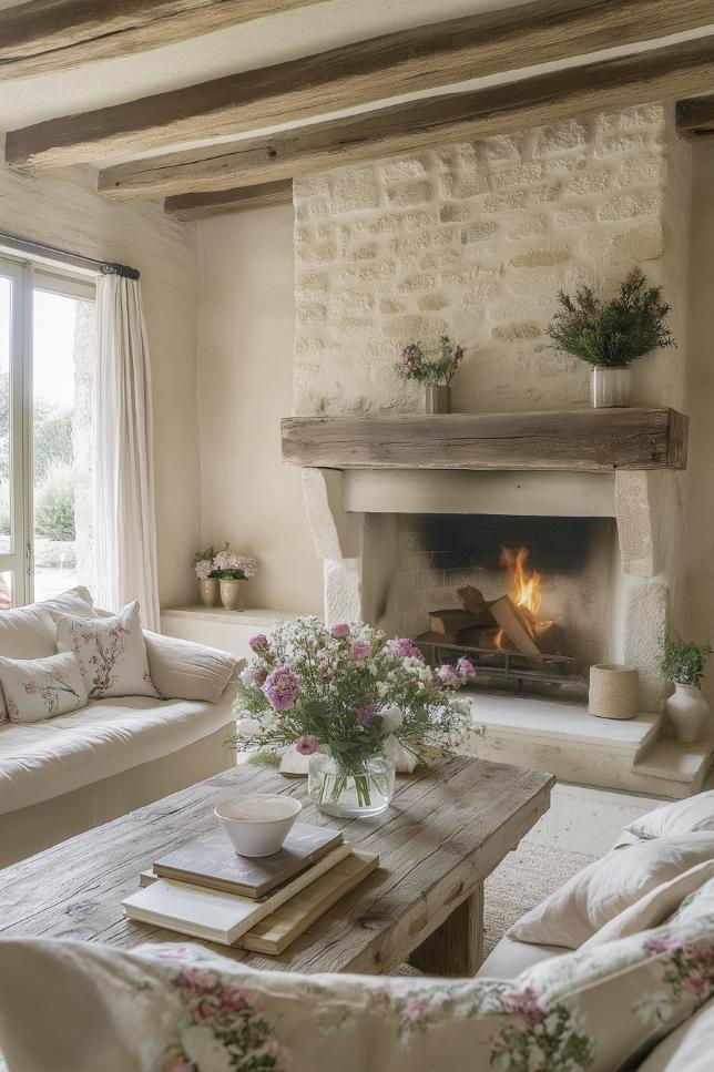 A stately stone fireplace serves as a gathering place and embodies rustic charm and warmth.