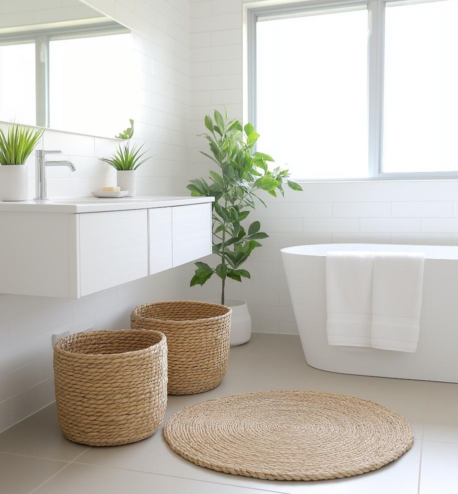 Modern bathroom with white bathtub, round woven carpet, two woven baskets and green plants. Large window and dressing table with potted plant and mirror.