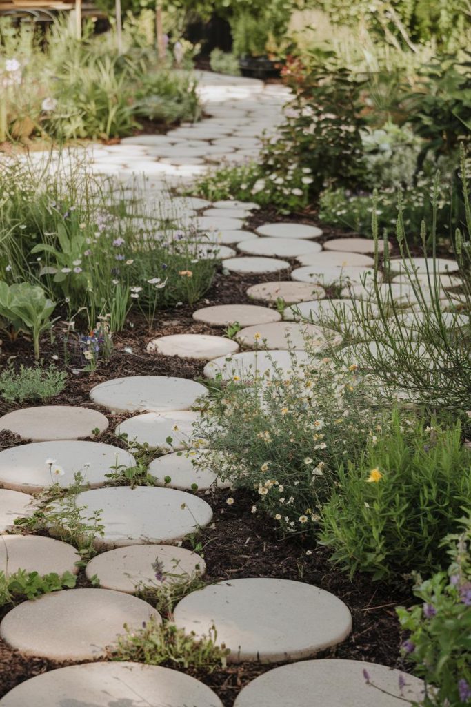 A garden path made of round stepping stones is surrounded by various green plants and small flowers.