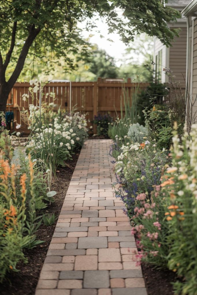 Brick path lined with colorful flowers and tall greenery leading through a garden under a tree, with a wooden fence in the background.