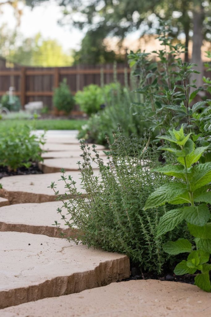 Stone path winds through a garden with various green plants and herbs, surrounded by a wooden fence in the background.