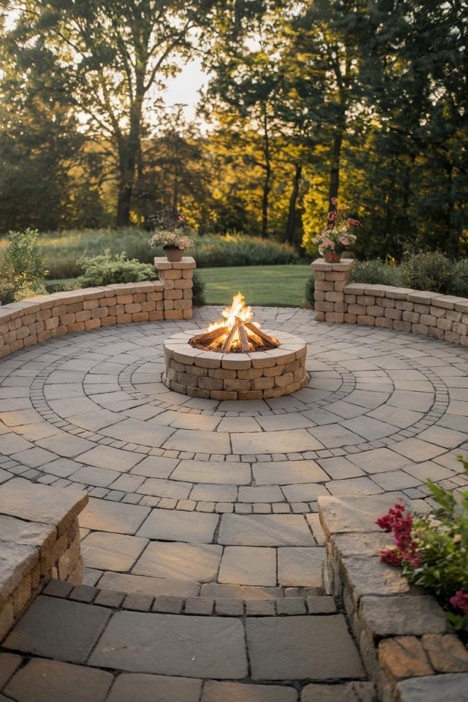 Round stone patio with a lit fire pit in the center surrounded by a low stone wall and trees in the background.