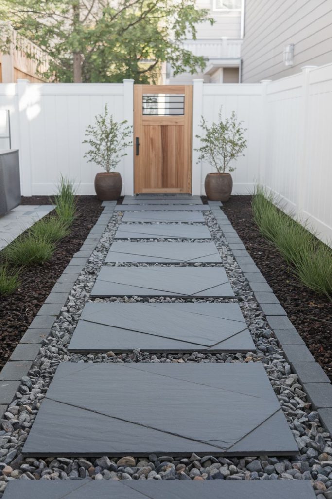 A neatly laid out stone path leads to a wooden gate flanked by two potted plants and surrounded by gravel and grass, with a white fence in the background.