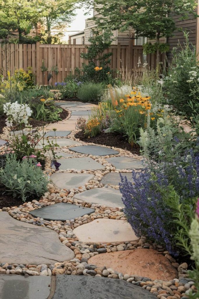 A stone path winds through a garden with various flowering plants and shrubs, surrounded by a wooden fence in the background.