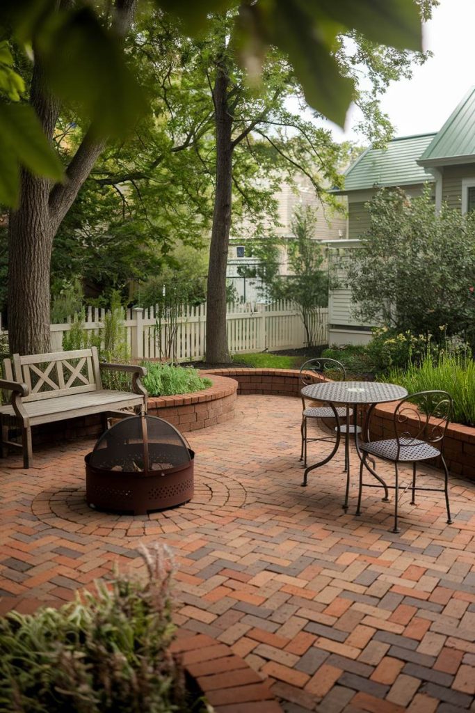 A brick patio with a fire pit, wooden bench and metal table set, surrounded by trees and a white picket fence.