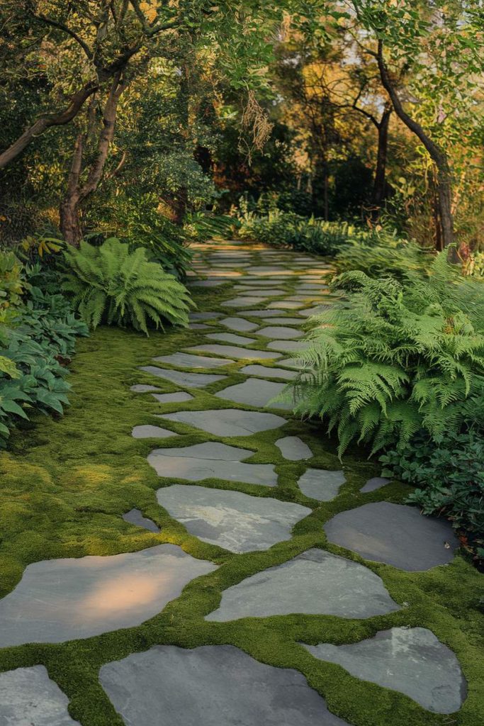 A winding stone path surrounded by lush greenery and ferns under a canopy of trees.