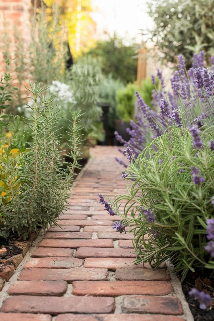 A brick path lined with lavender and various green plants in a garden.