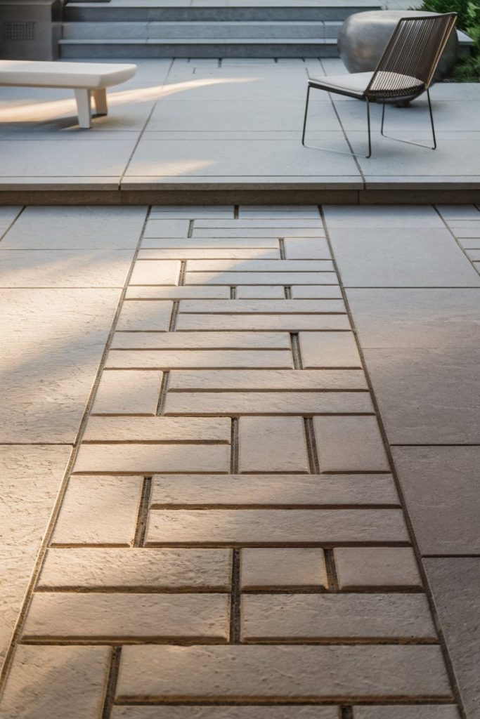 Modern outdoor patio with geometric paving, a metal chair and a small round table in the sunlight. Steps lead to an upper level.