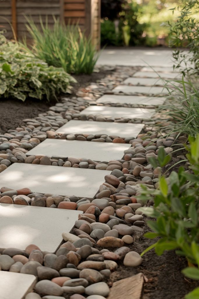 A garden path with rectangular stone slabs lined with small, smooth pebbles and surrounded by green plants and bushes.