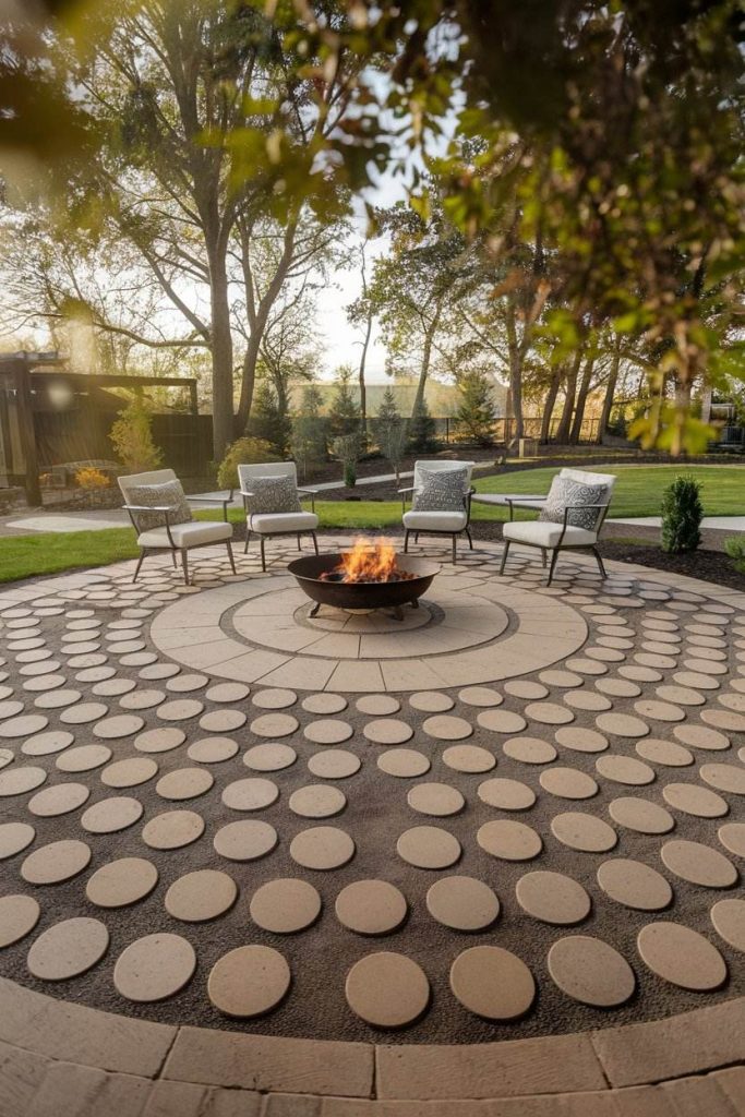 Round patio with a fire pit in the center surrounded by patio chairs. Trees and garden visible in background under clear sky.