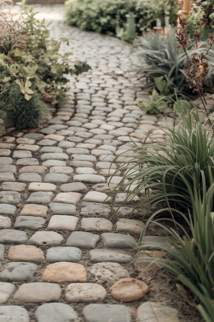 A curved stone path winds through a lush garden lined with various green plants and shrubs.