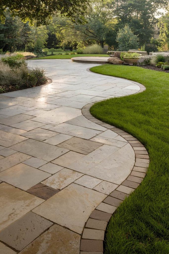 Curved stone path with brick border surrounded by green grass and landscaped garden.