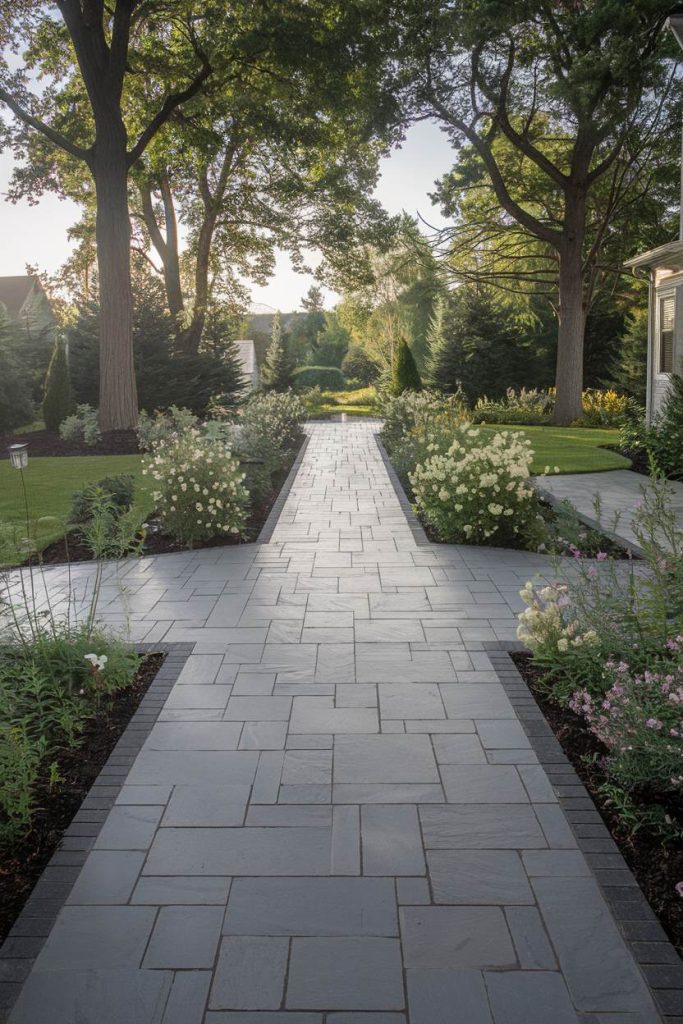 Stone path lined with white flowers and lush greenery in a garden setting, with trees in the background and sunlight shining through.