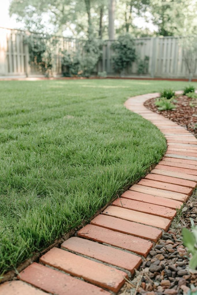 Curving brick path bordering a lawn and leading to a wooden fence with trees and bushes in the background.