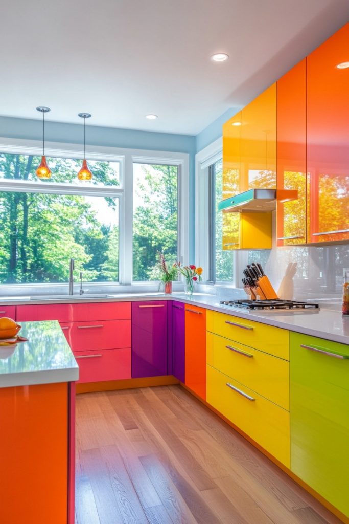 A bright kitchen with colorful cabinets in shades of orange, pink, purple and yellow, a white countertop and large windows overlooking a green landscape.