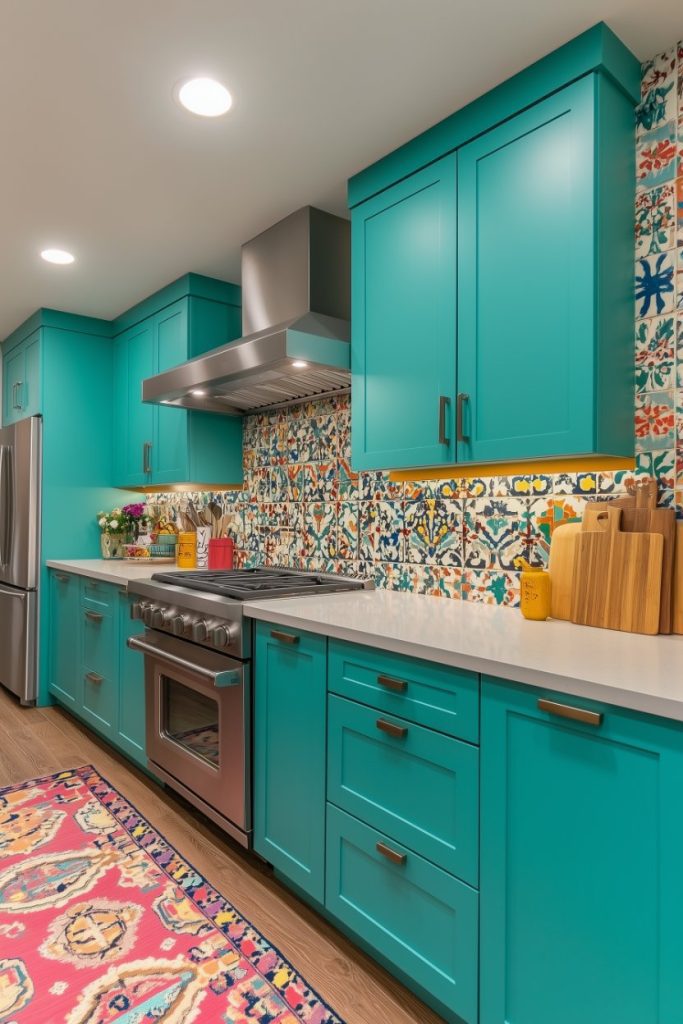 A kitchen with teal cabinets, a colorful patterned backsplash, stainless steel appliances, wooden cutting boards and a colorful rug on a wooden floor.