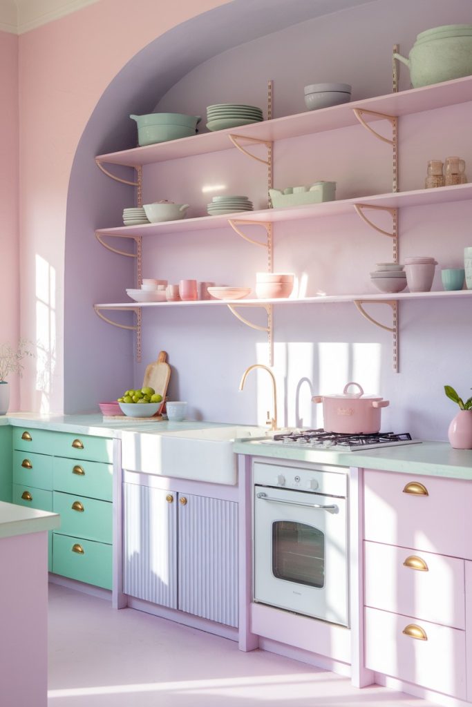 A pastel-colored kitchen with open shelves, various dishes, green and pink cabinets, an oven and a countertop. Sunlight illuminates the room.