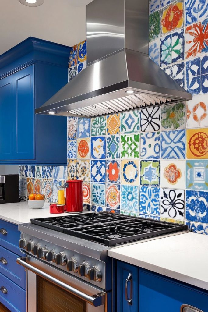 Colorful tiled kitchen splashback with a stainless steel extractor hood, blue cabinets and a gas stove. Red canisters stand next to a bowl of oranges on the white countertop.