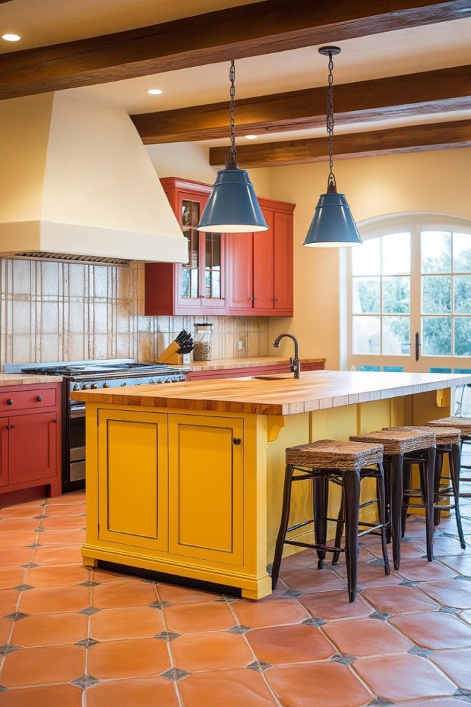 A kitchen with a yellow kitchen island with wooden countertop, three stools, red cabinets, terracotta tile floor and two blue pendant lights.