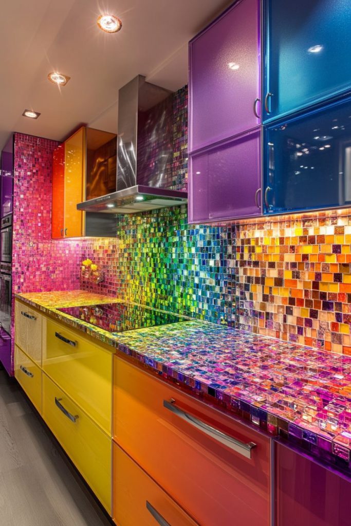 A vibrant kitchen with colorful cabinets and a multi-colored mosaic backsplash and countertop beneath overhead lights.