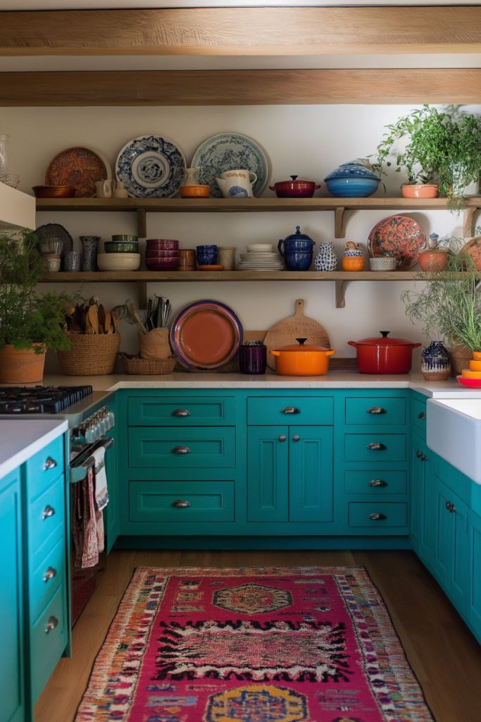 A colorful kitchen with turquoise cabinets, open shelves with various dishes and plants and a colorful patterned rug on the wooden floor.