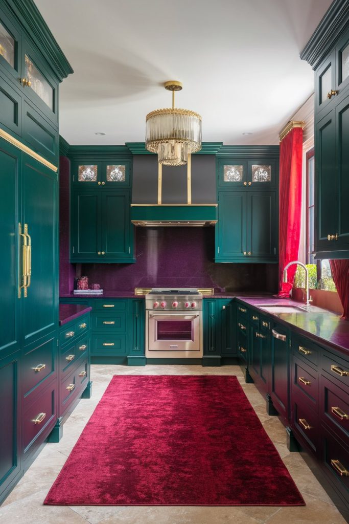 A green kitchen with gold hardware, red accents, and a chandelier. It features a central oven with a red carpet on the floor.