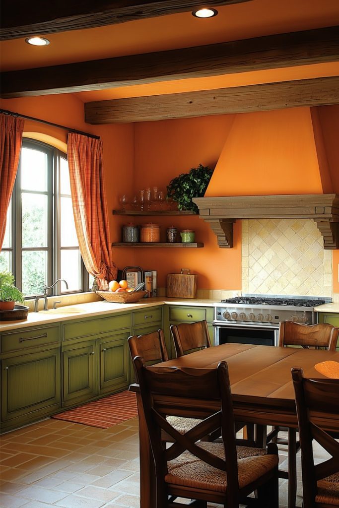 A kitchen in warm tones with wooden beams, green cabinets and orange walls. Includes a dining table, stove and shelves with glasses and green plants. A large window provides natural light.