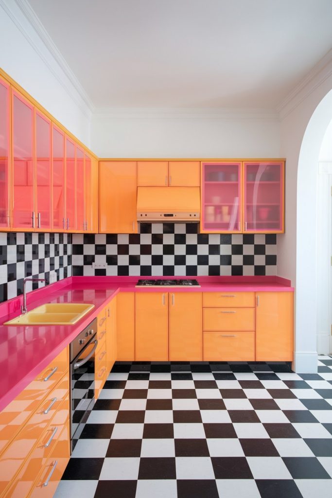 A kitchen with orange cabinets, a pink countertop and a black and white checkered backsplash and floor.