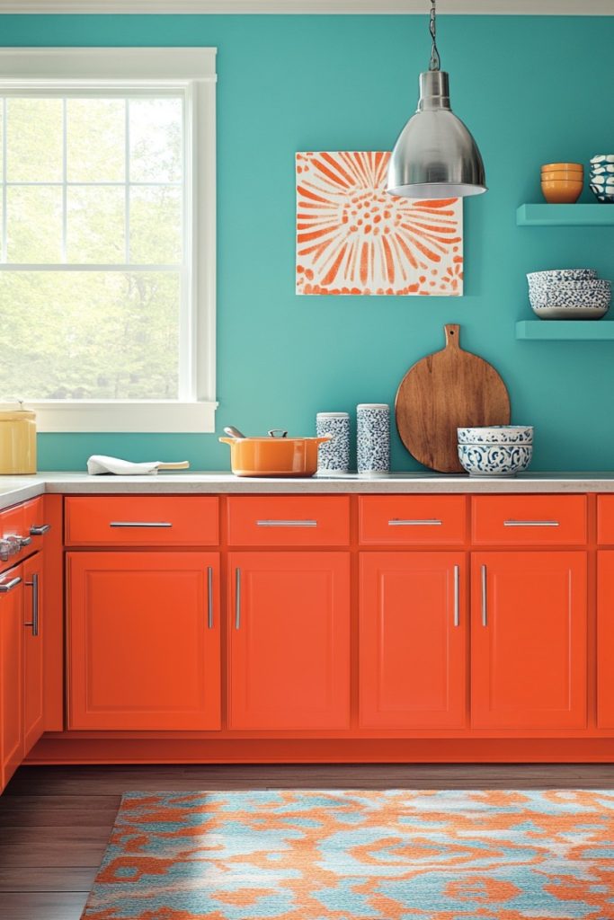 A bright kitchen with orange cabinets, a blue wall, orange-blue decor, and a window that lets in sunlight.