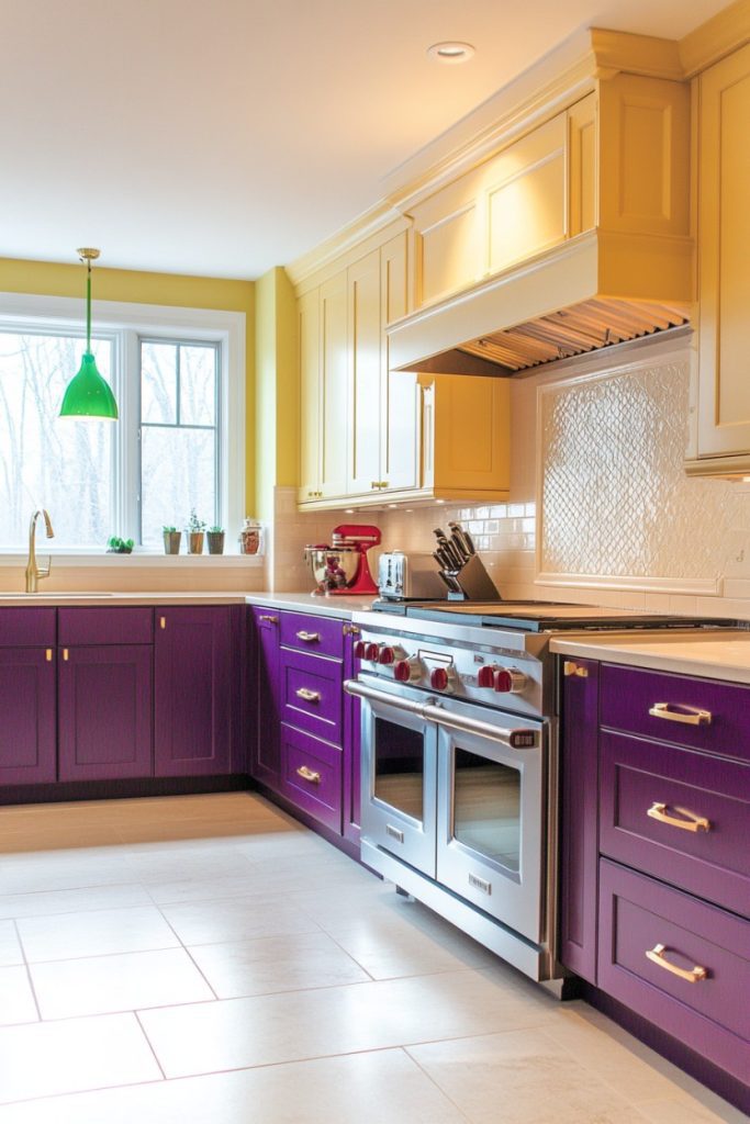 A kitchen with purple and yellow cabinets, stainless steel stove and a green pendant light. A window lets in natural light and plants sit on the windowsill.