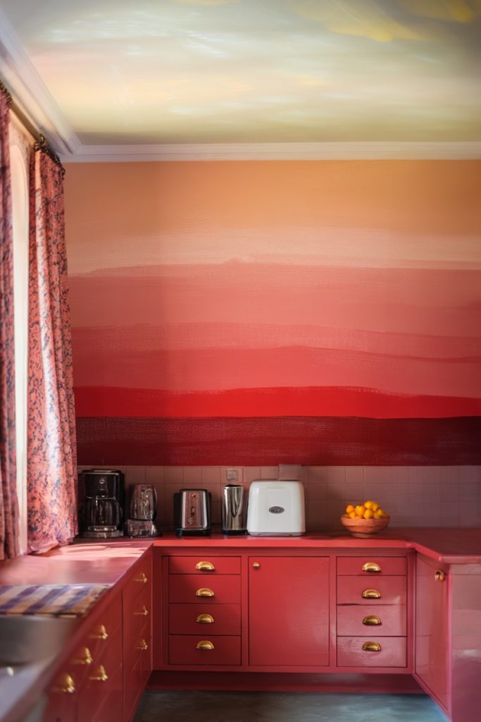 Colorful kitchen with painted walls, red cabinets, gold handles and tiled backsplash. There are appliances and a bowl of oranges on the counter, and there are patterned curtains on the window.