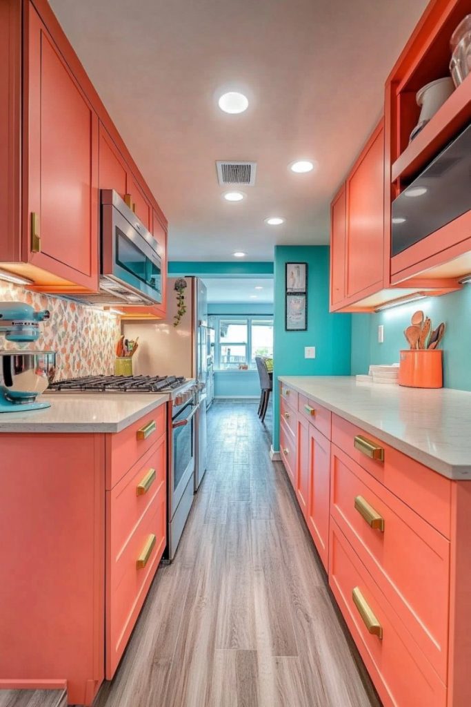 A narrow kitchen with coral cabinets, white countertops, stainless steel appliances, and a patterned backsplash. A window at the other end allows natural light into the room.