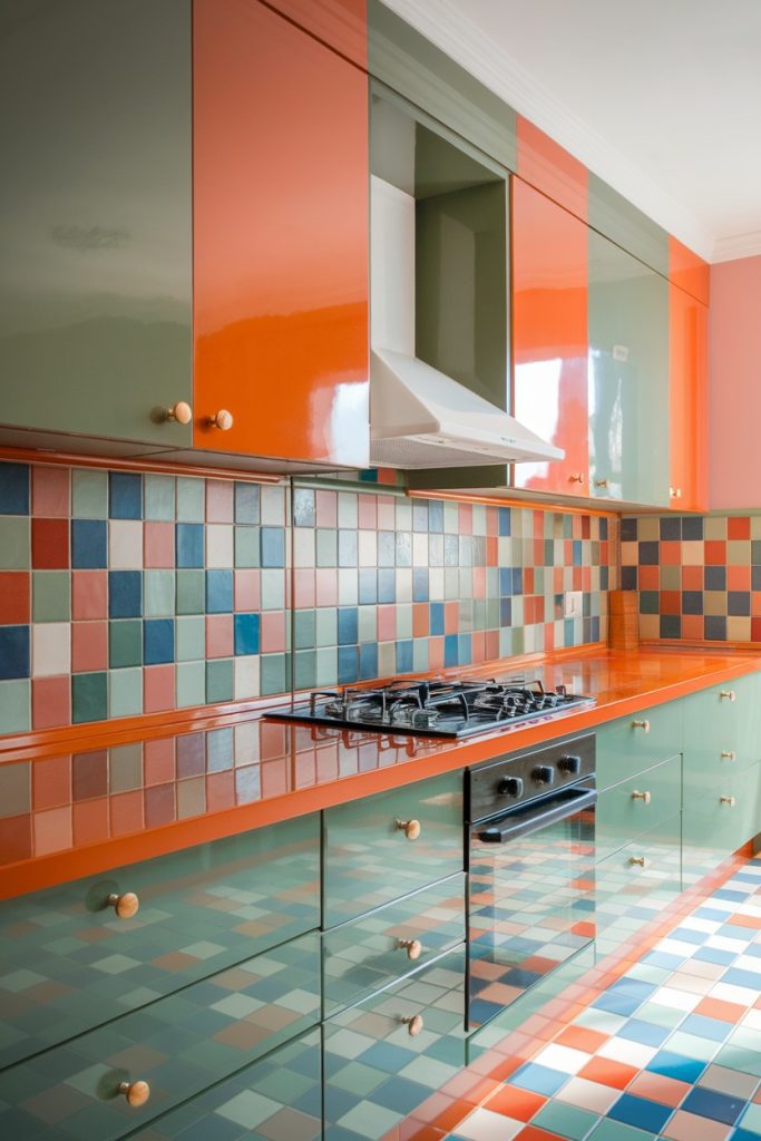 A kitchen with shiny red and green cabinets, a gas stove, and a splashback and floor made of colorful tiles.