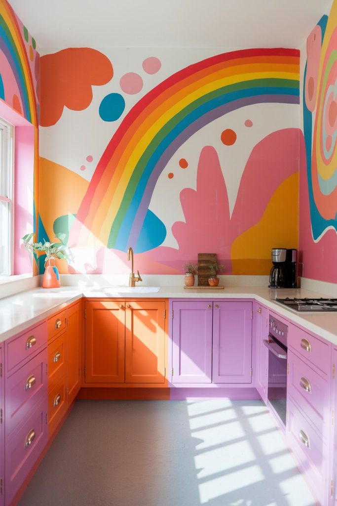 Vibrant kitchen with orange and purple cabinets, white countertops, and a colorful mural featuring a rainbow and abstract shapes. White devices are visible.