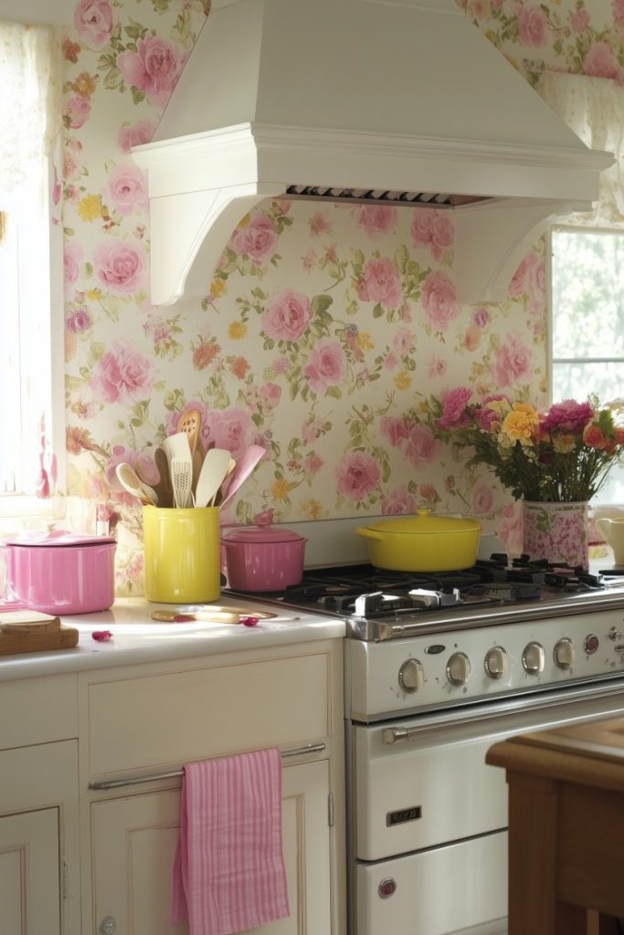 A kitchen with floral wallpaper, a white stove and pink dishes. Bright yellow and pink containers hold utensils. A vase of flowers stands next to a window with lace curtains.