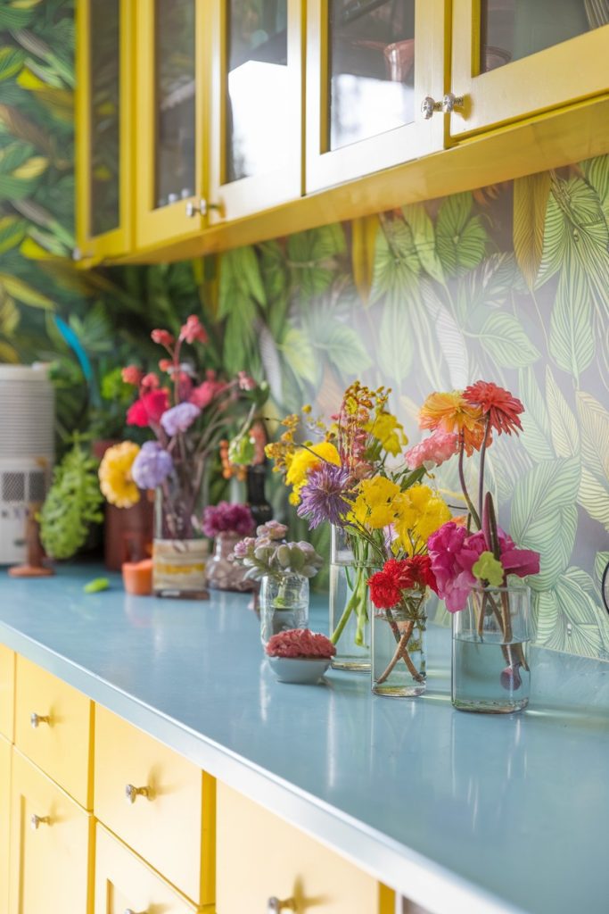 Colorful flowers in various jars line a blue countertop beneath yellow cabinets with leafy wallpaper in the background.