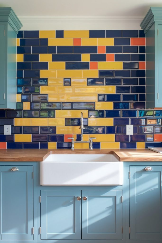 Kitchen with blue cabinets, wood countertops, white farmhouse sink and a colorful tile backsplash with blue, yellow and orange tiles.