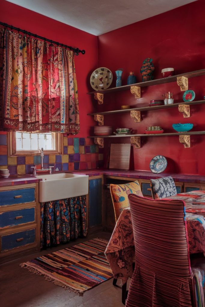 Eclectic kitchen with bright red walls, colorful tiled backsplash, open shelving with pottery, patterned curtains, farmhouse sink and wooden table with mismatched chairs.